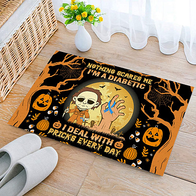 Alternative view of Funny Diabetes Halloween Meme Saying Entrance Door Mat - Nothing Scares Me I'm Michael A Diabetic Myers I Deal With Pricks Everyday Doormat