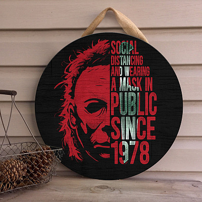 Alternative view of Scary Horror Characters Halloween Door Sign - Social Distance Michael Self Isolating Myers Since 1978 Faces Front Porch Sign Farmhouse