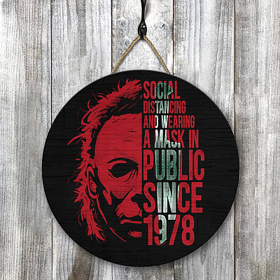 Scary Horror Characters Halloween Door Sign - Social Distance Michael Self Isolating Myers Since 1978 Faces Front Porch Sign Farmhouse