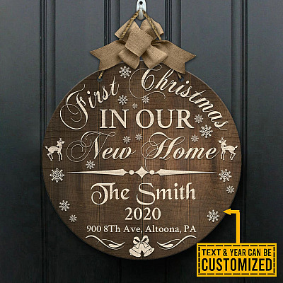 Personalized Family Name First Christmas in Our New Home Decorative Circle Wooden Door Sign - New House Christmas Decor Sign