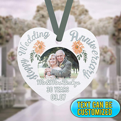 Happy Wedding Anniversary Personalized Photo Anniversary Ornament for Couple Decorative Christmas Heart Ornament