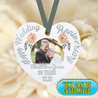Alternative view of Happy Wedding Anniversary Personalized Photo Anniversary Ornament for Couple Decorative Christmas Heart Ornament