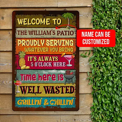 Personalized Family Name Welcome to Our Patio Vintage Decorative Metal Sign - Indoor Outdoor Decor for Home