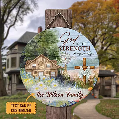 Family Name Signs Personalized God Is the Strength of My Family Circle Wooden Door Sign - Front Porch Sign Decor
