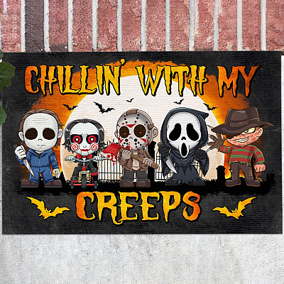 Chillin' With My Creeps Halloween Horror Movie Characters Doormat - Halloween Outdoor Indoor Doormat