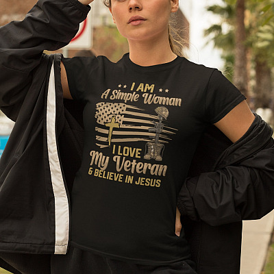 Alternative view of I Am A Simple Woman I Love My Veteran And Believe In Jesus T-Shirt - V-Neck - Proud Veteran Wife Shirt