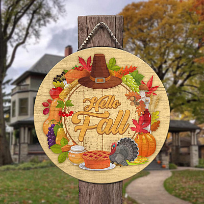 Alternative view of Hello Fall Door Hanger Fall and Harvest Decor Sign Decorative Circle Wooden Door Sign - Front Porch Sign