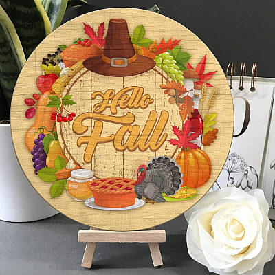 Hello Fall Door Hanger Fall and Harvest Decor Sign Decorative Circle Wooden Door Sign - Front Porch Sign