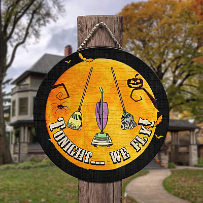 Alternative view of Tonight We Fly Sisters Witch Door Hanger Halloween Decoration Hocus Decorative Circle Wooden Door Sign - Front Porch Sign