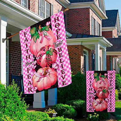 Alternative view of Pumpkin Breast Cancer Faith Over Fear Hope Fight Believe Garden Flag - Breast Cancer Awareness House Flag