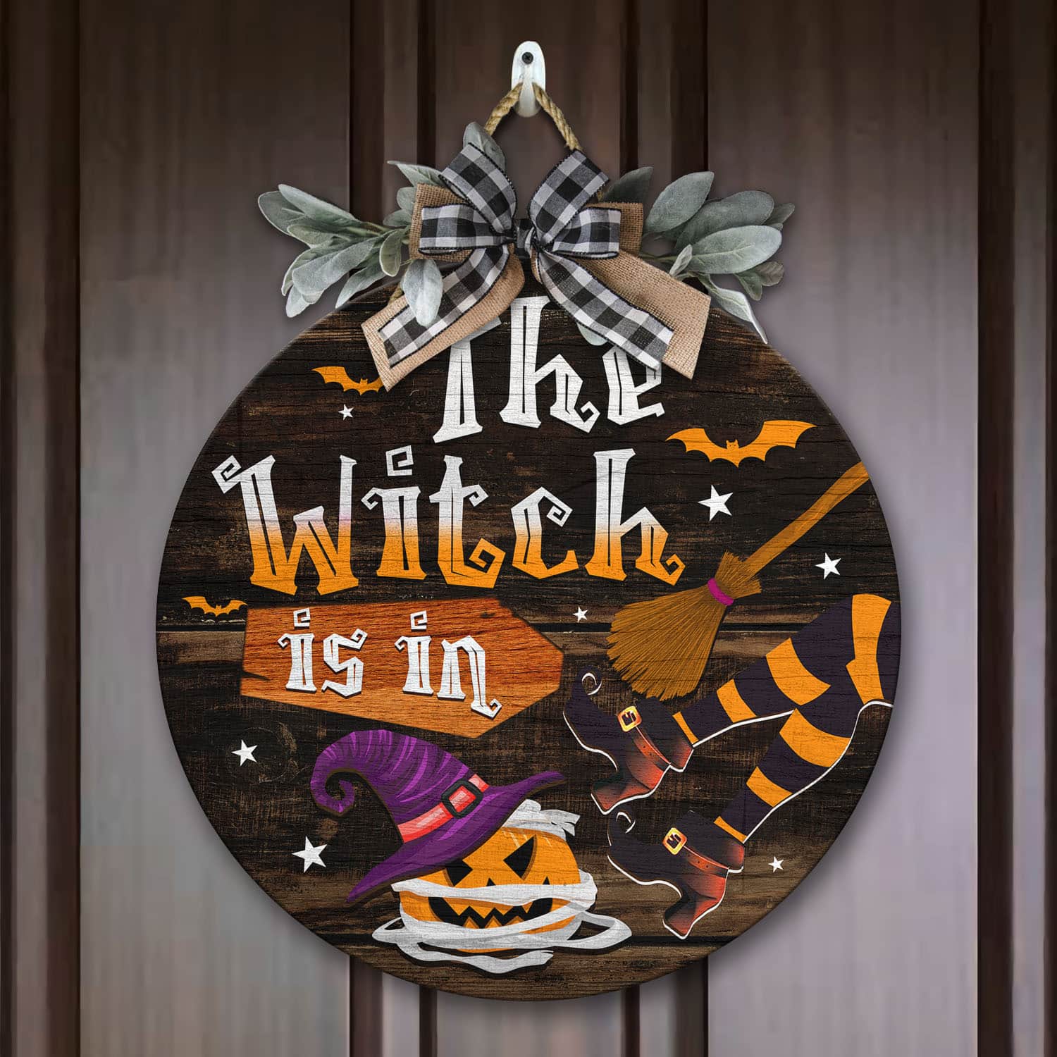 The Witch Is in Halloween Decoration Door Sign Decorative Circle Wooden ...