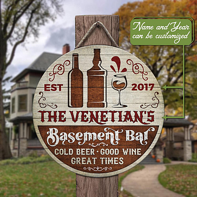 Alternative view of Family Bar Sign Personalized Basement Bar Cold Beer Good Wine Great Times Circle Wooden Door Sign - Front Porch Sign