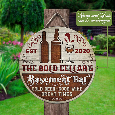 Family Bar Sign Personalized Basement Bar Cold Beer Good Wine Great Times Circle Wooden Door Sign - Front Porch Sign