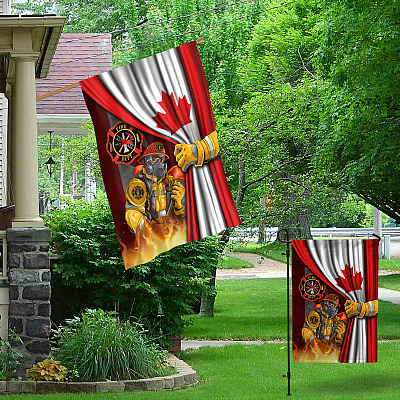 Alternative view of Proud Canadian Firefighter Outdoor Garden House Flag - Retied Canadian Firefighter Courage Honor Rescue Pride Flag