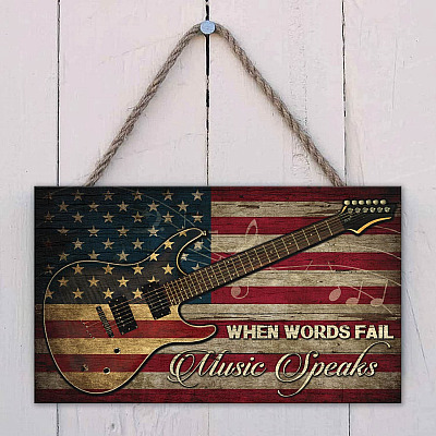 Alternative view of When Words Fail Music Speaks Guitar American Flag Rectangle Wooden Door Sign - Front Porch Sign Outdoor Decor