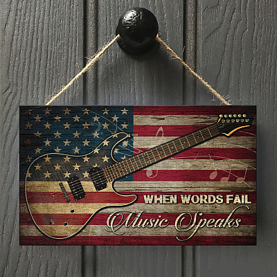 When Words Fail Music Speaks Guitar American Flag Rectangle Wooden Door Sign - Front Porch Sign Outdoor Decor