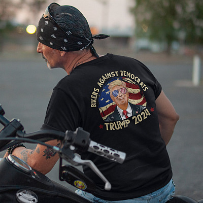 Alternative view of Bikers Against Democrats Trump 2024 Print On Back T-Shirt Only - Pro Trump Plain Front Shirt - Anti Democrat Shirt