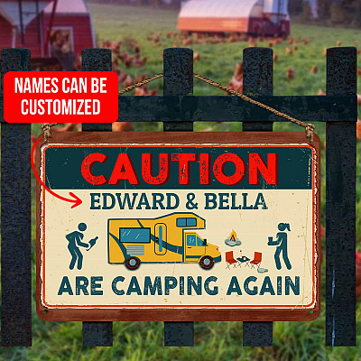 Alternative view of Camping Sign Personalized Caution We Are Camping Again Funny Vintage Decorative Metal Sign - Indoor Outdoor Decor