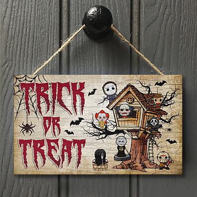 Alternative view of Funny Halloween Trick Or Treat Front Porch Sign Decor - In This House We Love Family Like Scary Movies Halloween Characters Door Sign