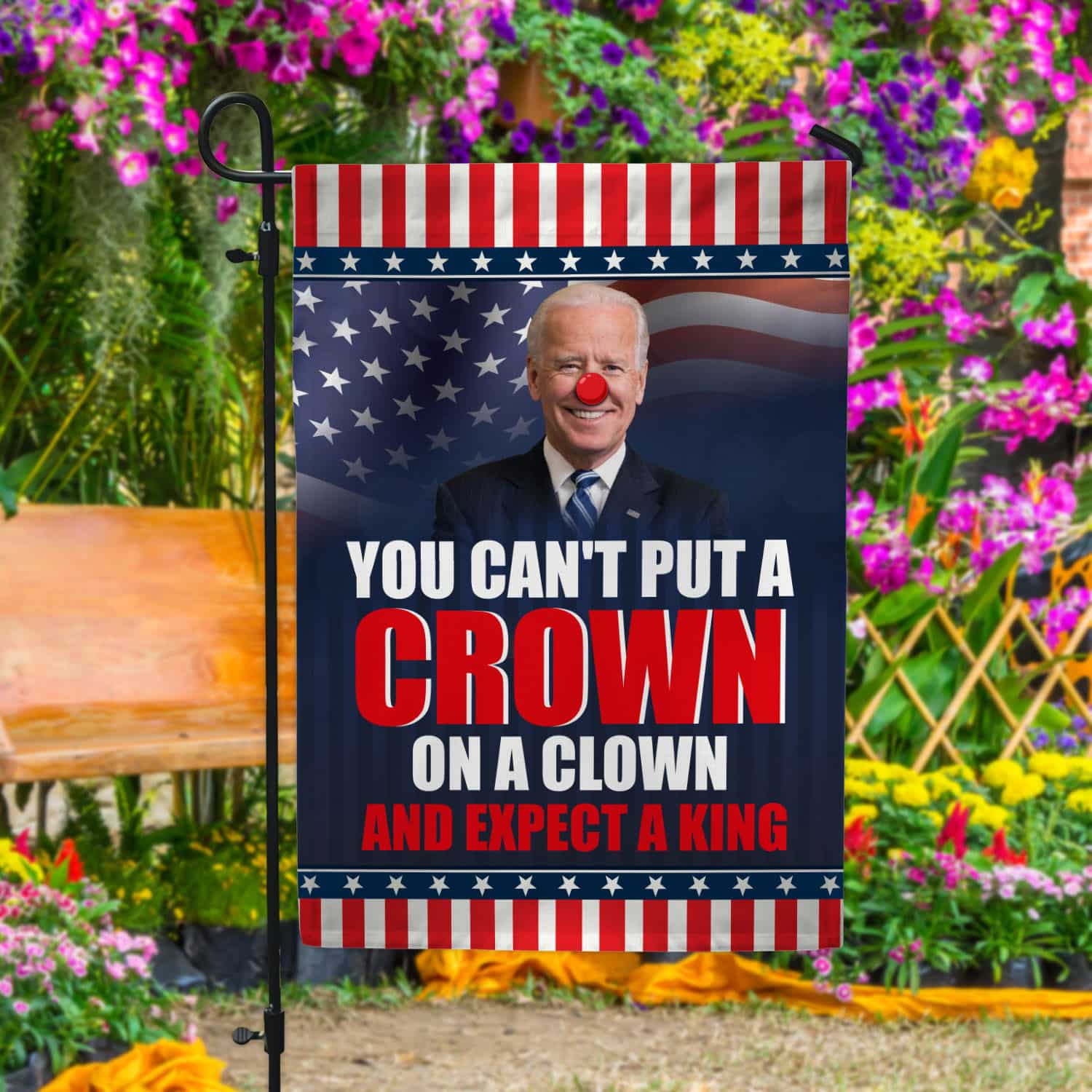33 HG UU TIEN. Biden Clown 30x40 Garden Flag Mockup 4