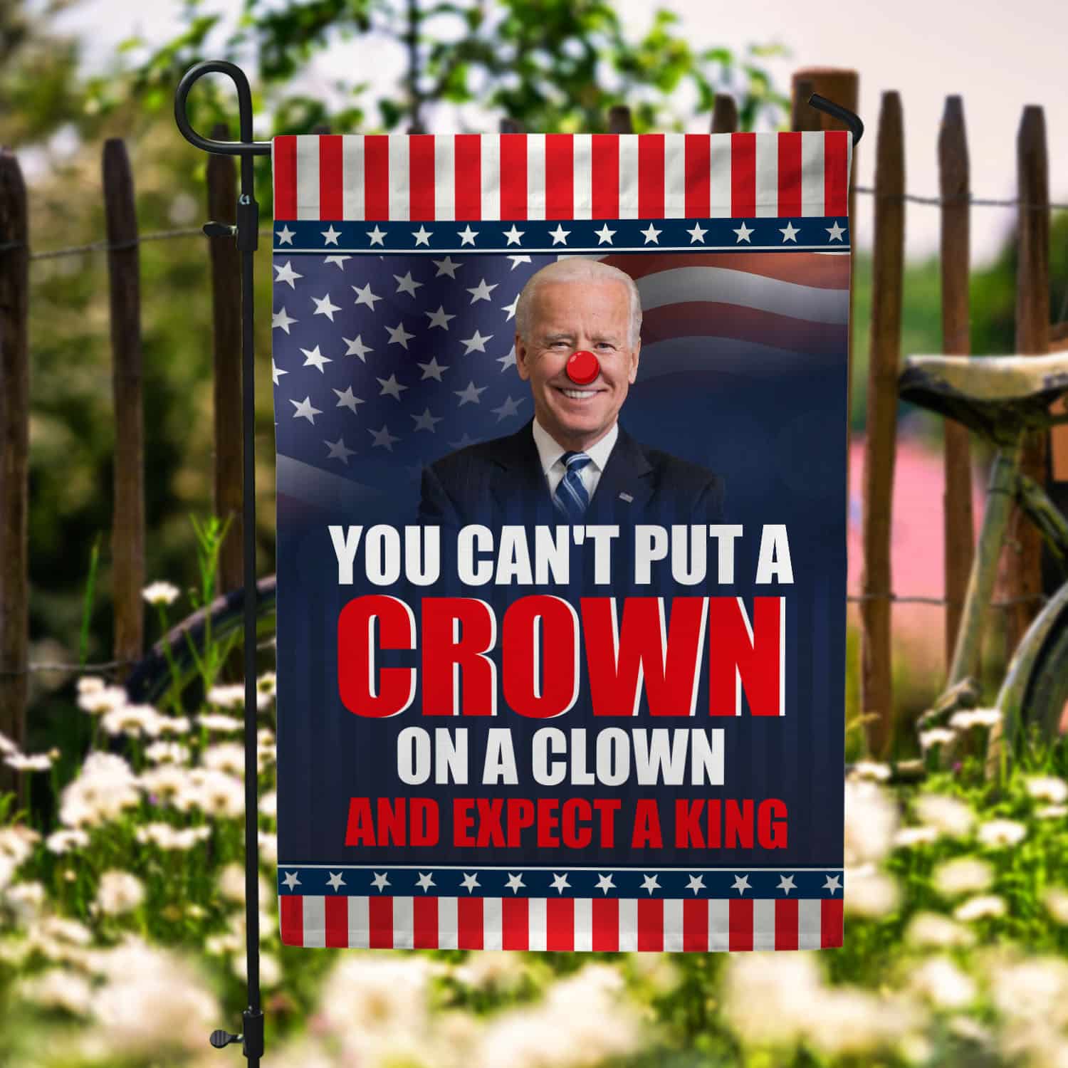 33 HG UU TIEN. Biden Clown 30x40 Garden Flag Mockup 6