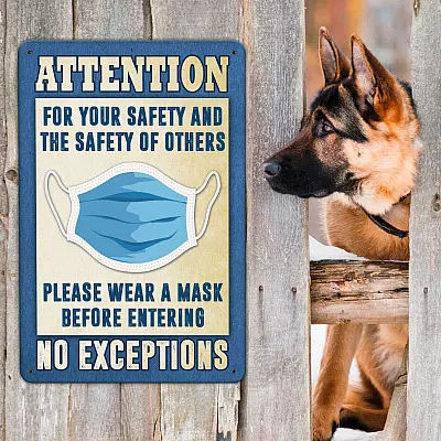 Attention For Your Safety Please Wearing A Mask No Exceptions Funny No Soliciting Metal Sign - Indoor Outdoor Decor