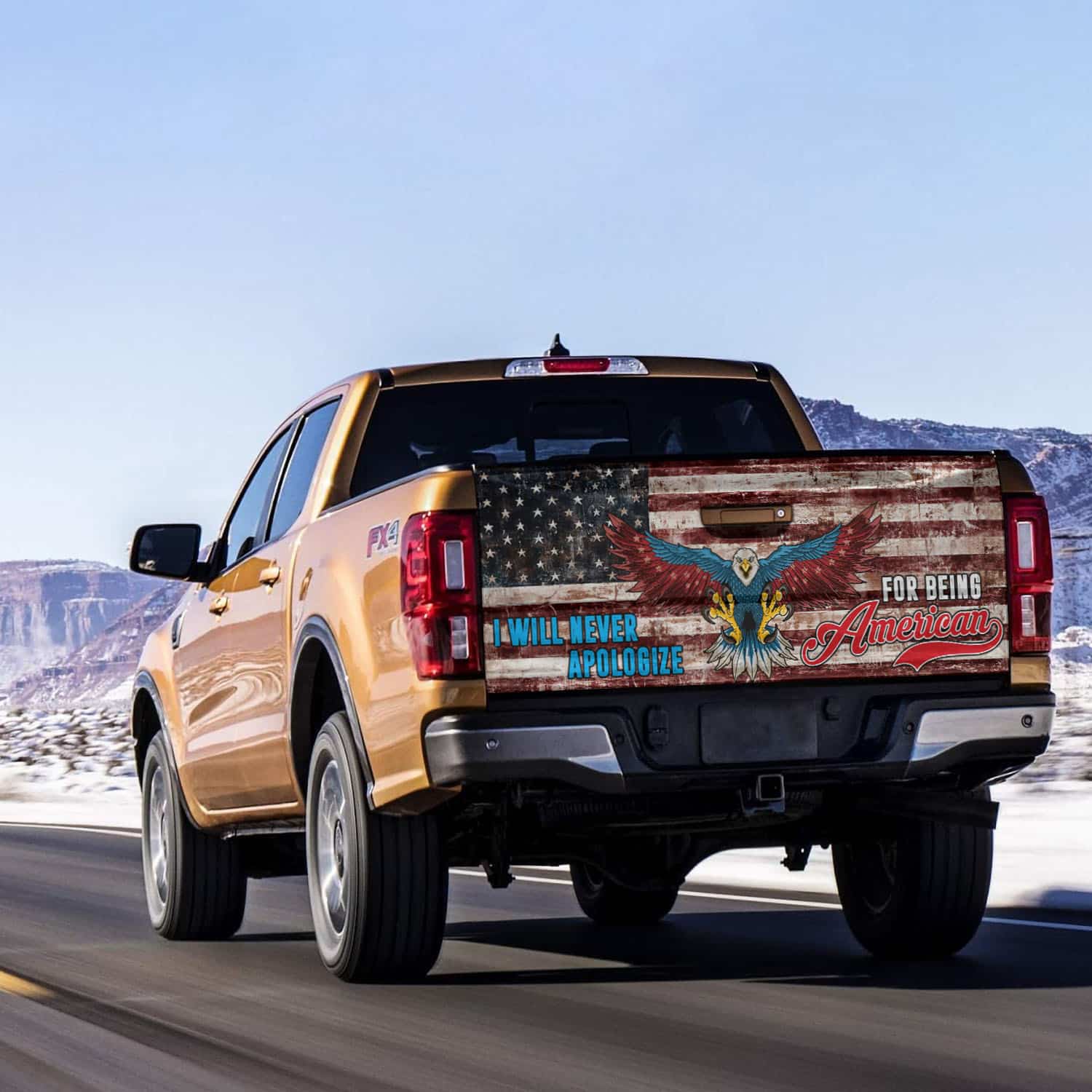 9VT. American I Will Never Apologize Tailgate Wrap Mockup 14