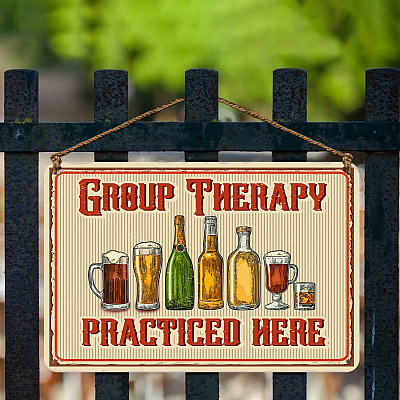 Alternative view of Vintage Beer Group Therapy Practiced Here Funny Beer And Wine Decorative Metal Sign - Indoor Outdoor Decor For Patio