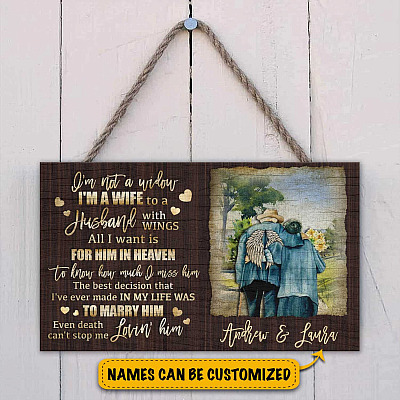 Alternative view of Personalized I'm Not A Widow I'm A Wife To A Husband With Wings Rectangle Wooden Door Sign - Front Porch Sign Decor
