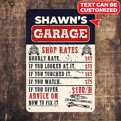 Personalized Garage's Name Shop Rates Retro Decorative Metal Sign - Funny Metal Sign Garage Wall Decor