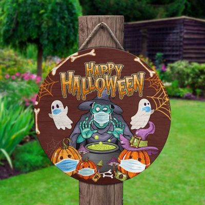 Halloween Spooky Ghost Pumpkin Witch Circle Wooden Door Sign - Halloween Witches Indoor Outdoor Home Decor
