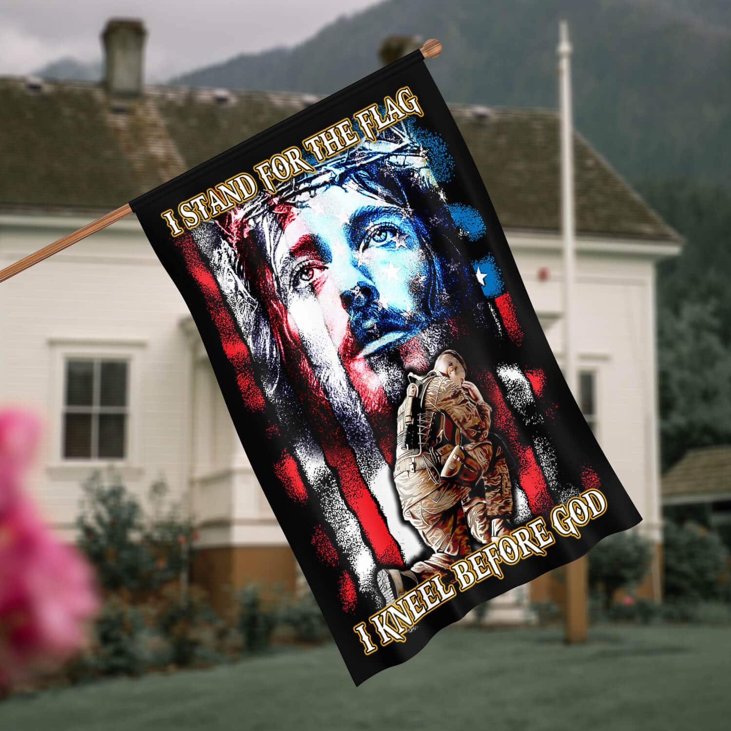 2HV. Kneel Before God (flag) 30X40R House Flag Mockup 4