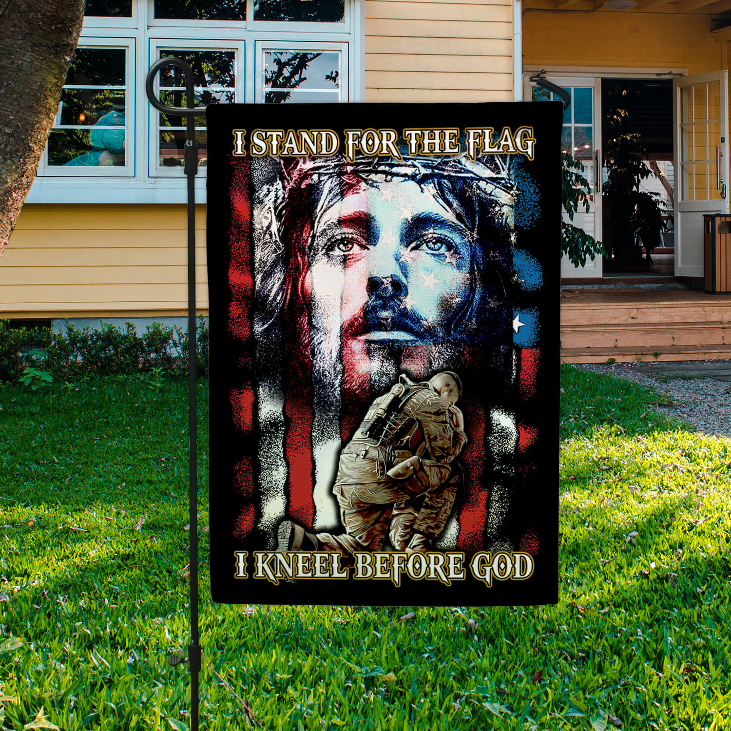 2HV. Kneel Before God (flag) 30X40R Garden Flag Mockup 3
