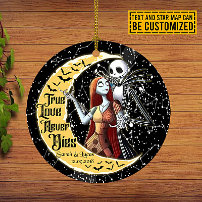 Personalized Name and Star Map True Love Never Dies Jack and Sally Decorative Circle Christmas Ornament Keepsake - Customized Halloween Gift