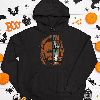 Alternative view of Social Distance Michael Wearing Face Cover Myers Shirt - I'm Nicer Than My Face Looks Halloween Hoodie Sweatshirt