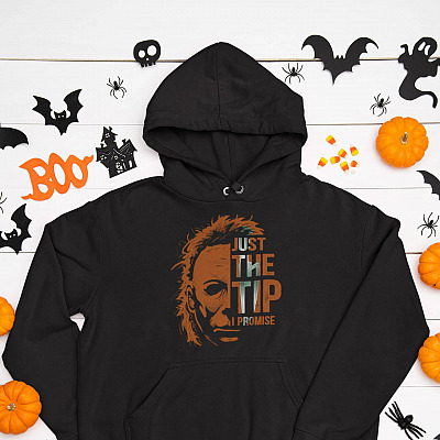 Alternative view of Social Distance Michael Wearing Face Cover Myers Shirt - Just The Tip I Promise Halloween Hoodie Sweatshirt