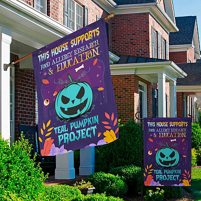 Alternative view of This House Support Food Allergy Teal Pumpkin Project Decorative Garden Flag - Halloween Teal Pumpkin Flag