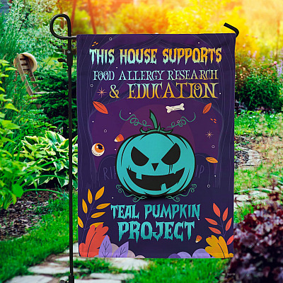 This House Support Food Allergy Teal Pumpkin Project Decorative Garden Flag - Halloween Teal Pumpkin Flag