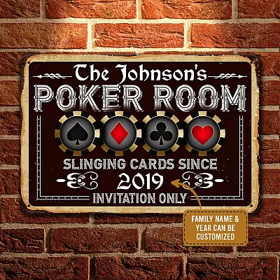 Personalized Family Name Poker Room Vintage Decorative Metal Sign - Indoor Outdoor Decor