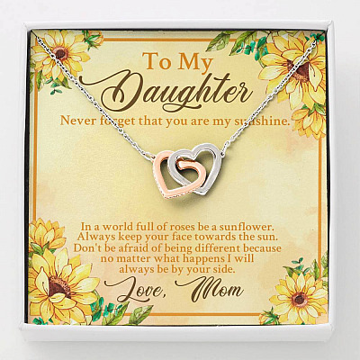 From Mom To My Daughter Never Forget That You Are My Sunshine Sunflower Interlocking Hearts Pendant Necklace - Interlocking Hearts Necklace