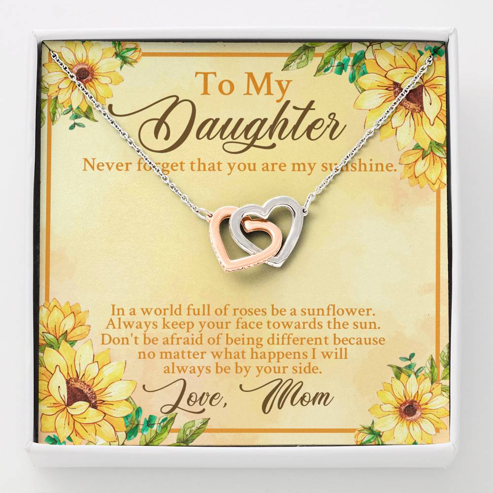 From Mom To My Daughter Never Forget That You Are My Sunshine Sunflower Interlocking Hearts Pendant Necklace - Interlocking Hearts Necklace