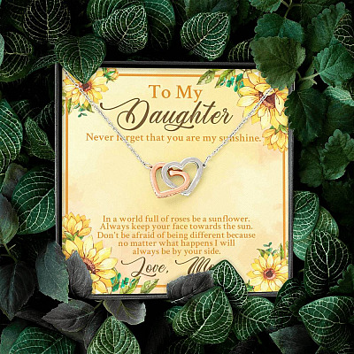 From Mom To My Daughter Never Forget That You Are My Sunshine Sunflower Interlocking Hearts Pendant Necklace