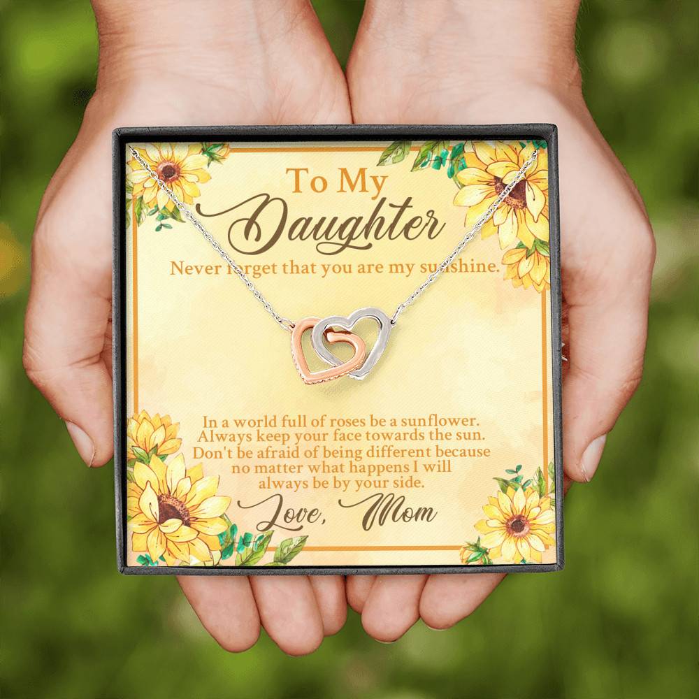 From Mom To My Daughter Never Forget That You Are My Sunshine Sunflower Interlocking Hearts Pendant Necklace