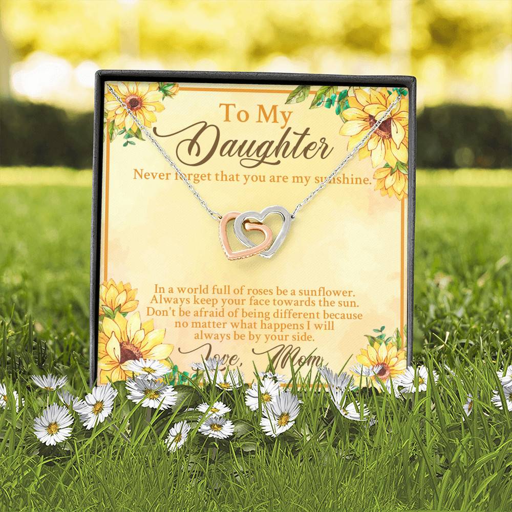 From Mom To My Daughter Never Forget That You Are My Sunshine Sunflower Interlocking Hearts Pendant Necklace