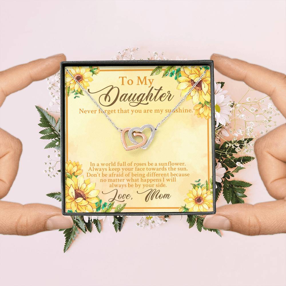 From Mom To My Daughter Never Forget That You Are My Sunshine Sunflower Interlocking Hearts Pendant Necklace