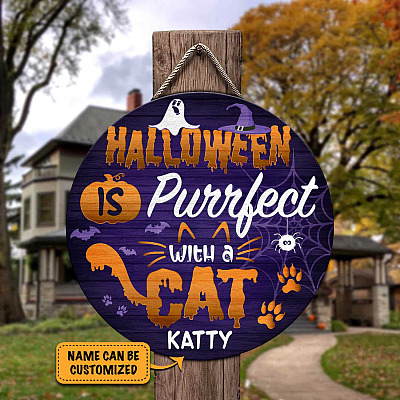 Alternative view of Custom Cat's Name Pumpkin Boo Halloween Door Sign - Kitten Boo Halloween Is Purrfect With A Cat Front Porch Sign Decor Farmhouse