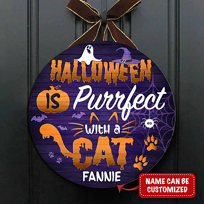 Custom Cat's Name Pumpkin Boo Halloween Door Sign - Kitten Boo Halloween Is Purrfect With A Cat Front Porch Sign Decor Farmhouse