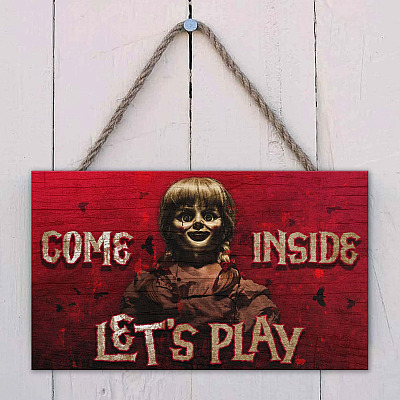 Alternative view of Come Inside Let's Play Annabelle Doll Vintage Rectangle Decorative Wooden Door Sign - Halloween Horror Sign Outdoor Decor