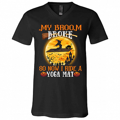 My Broom Broke So Now I T-Shirt, Black, V-Neck T-Shirt