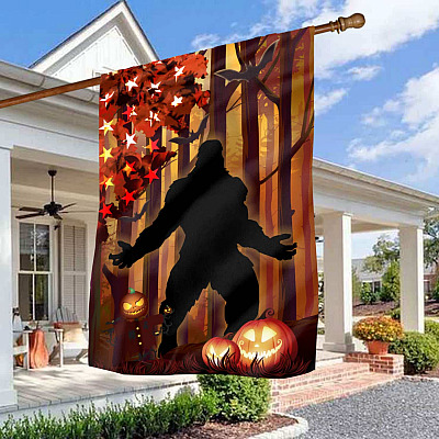 Bigfoot Pumpkin American Outdoor House Flag - Bigfoot Halloween Home Garden Flag - Sasquatch Home Flag